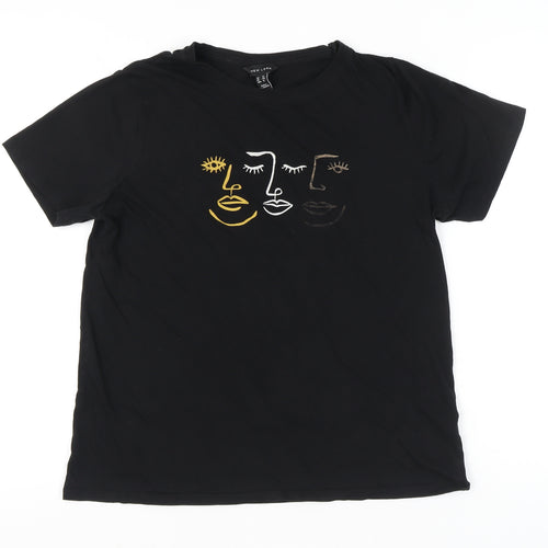 New Look Women’s Black T-Shirt UK 16 Cotton Short Sleeve Art Embroidered