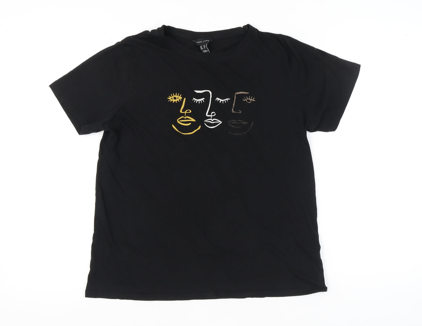 New Look Women’s Black T-Shirt UK 16 Cotton Short Sleeve Art Embroidered