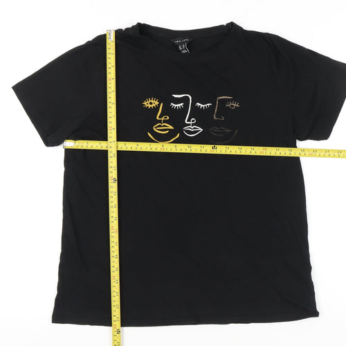 New Look Women’s Black T-Shirt UK 16 Cotton Short Sleeve Art Embroidered