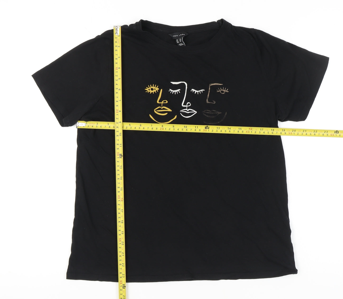 New Look Women’s Black T-Shirt UK 16 Cotton Short Sleeve Art Embroidered