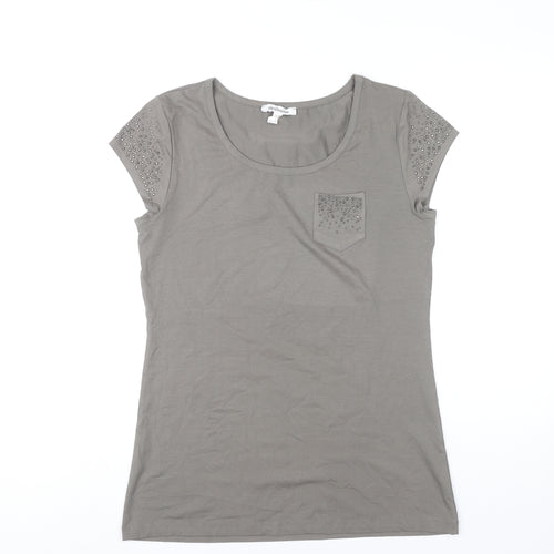 Steilmann Womens Grey T-Shirt Size 14 Studded Scoop Neck Stretch