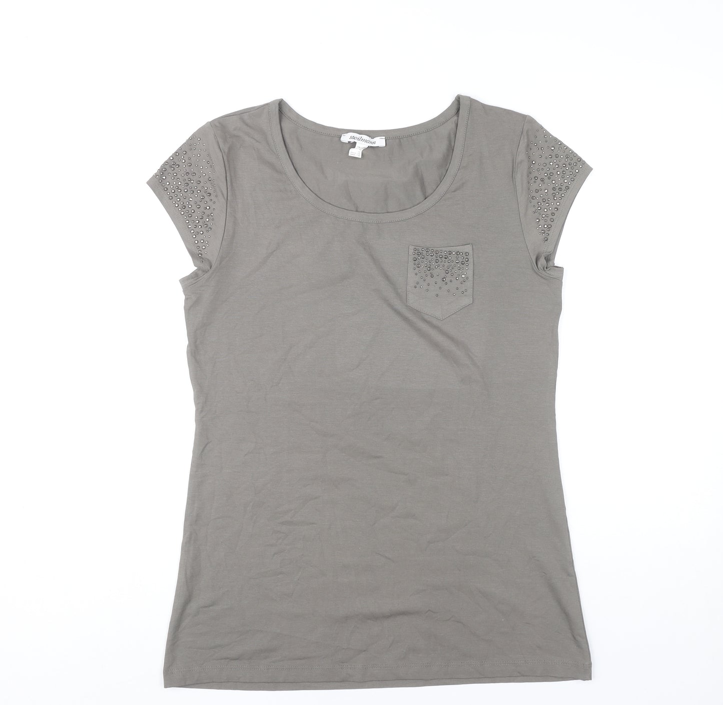 Steilmann Womens Grey T-Shirt Size 14 Studded Scoop Neck Stretch