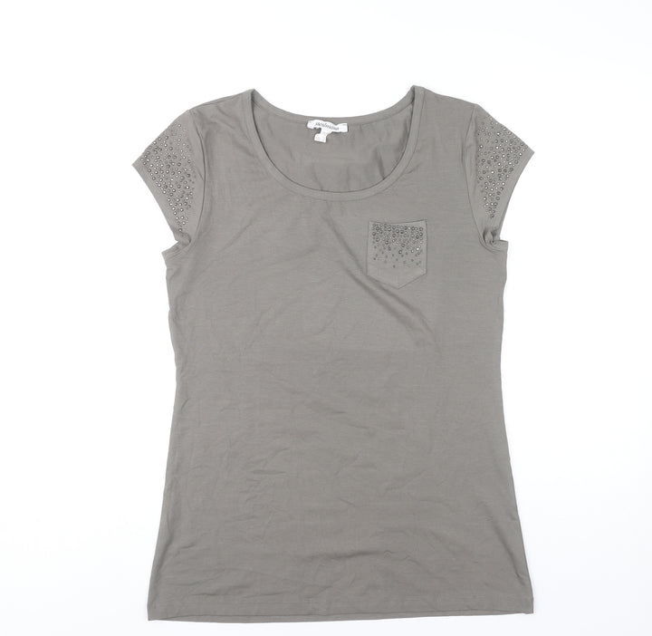 Steilmann Womens Grey T-Shirt Size 14 Studded Scoop Neck Stretch