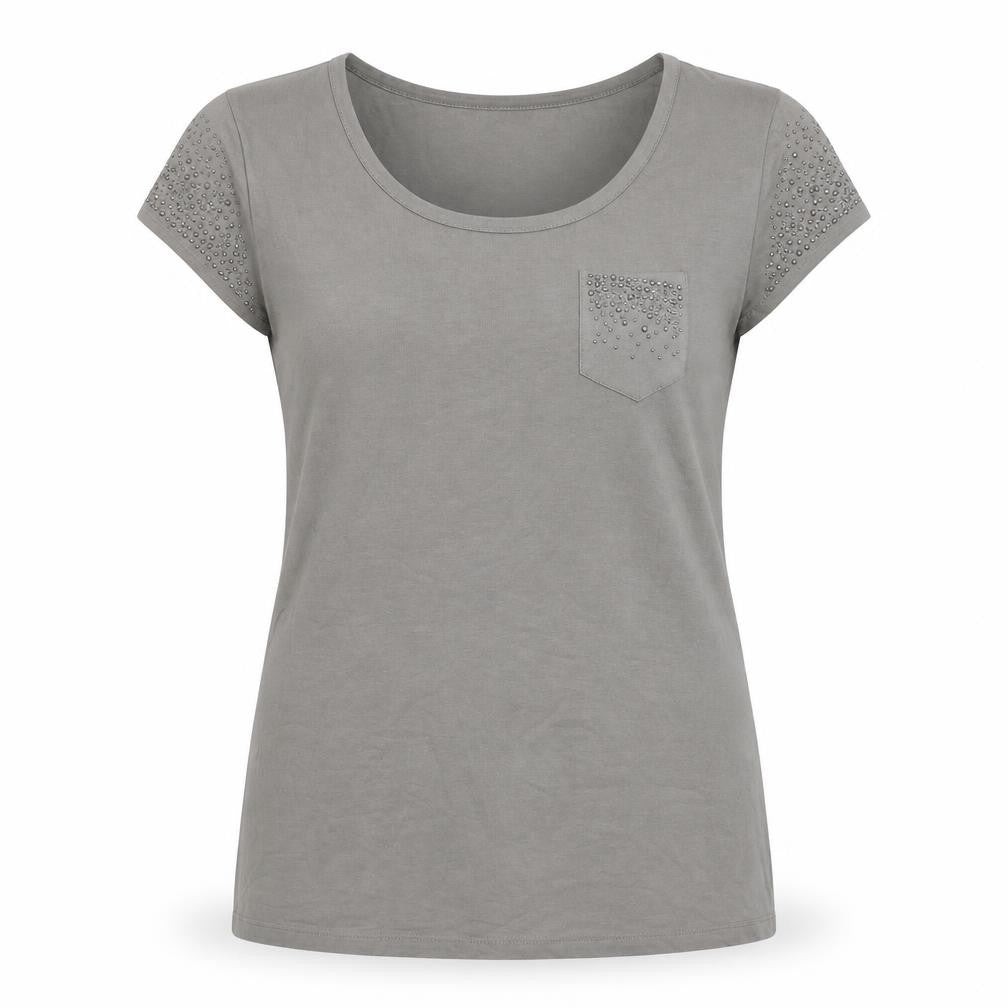 Front view of Steilmann women’s grey t-shirt, size UK 14, studded scoop neck stretch
