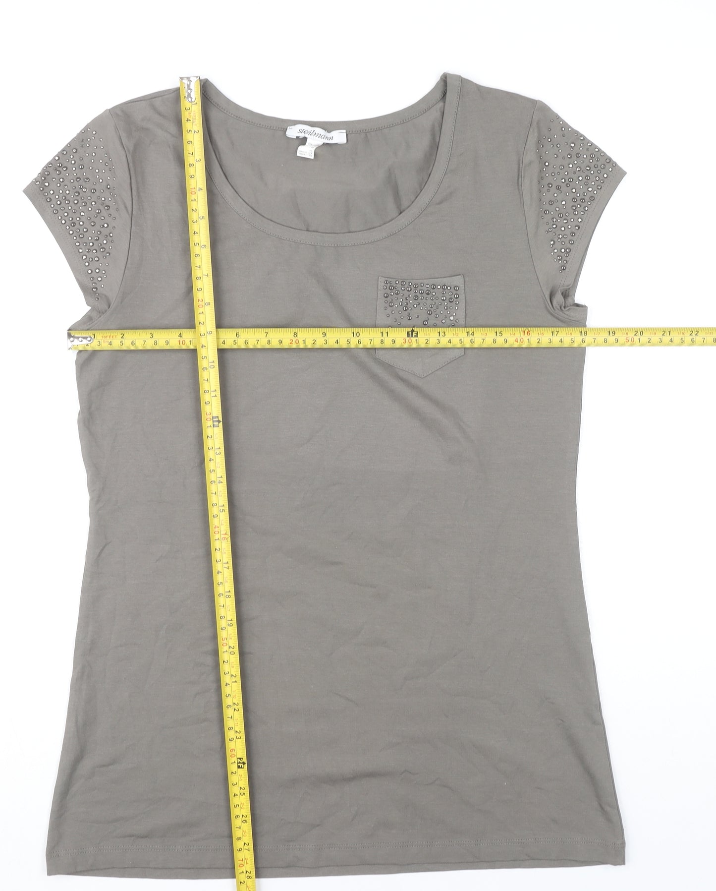 Steilmann Womens Grey T-Shirt Size 14 Studded Scoop Neck Stretch
