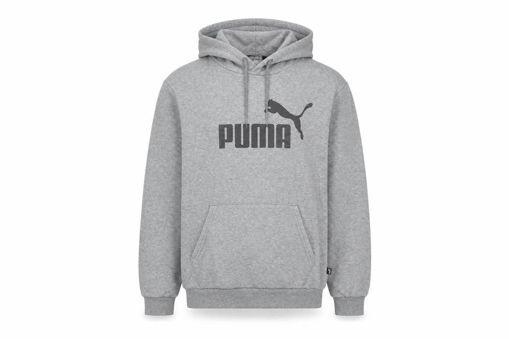 Front view of Puma Men’s Grey Pullover Hoodie Sweatshirt, size M, Logo Sportswear