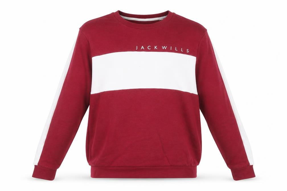 Front view of Jack Wills men’s red white logo sweatshirt, size L, crew neck pullover