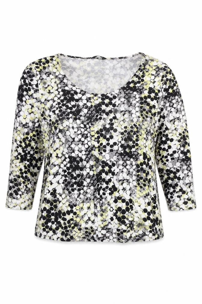 Front view of Minuet Petite women’s multicoloured geometric blouse l tunic 3/4 sleeve