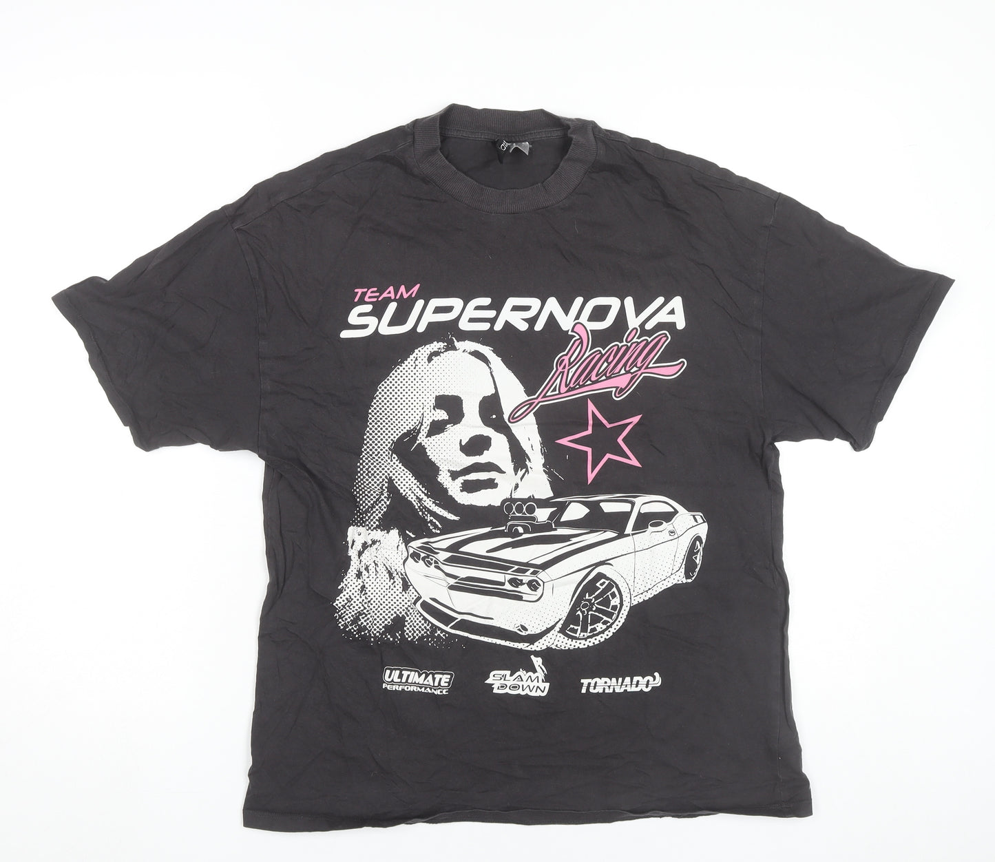 H&M Divided Womens Black Racing Graphic Cotton T-Shirt Size 2XS