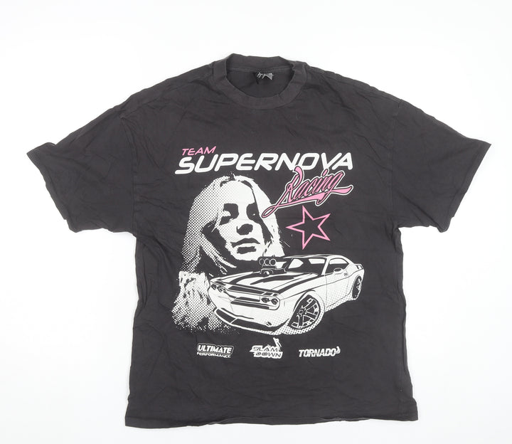 H&M Divided Womens Black Racing Graphic Cotton T-Shirt Size 2XS