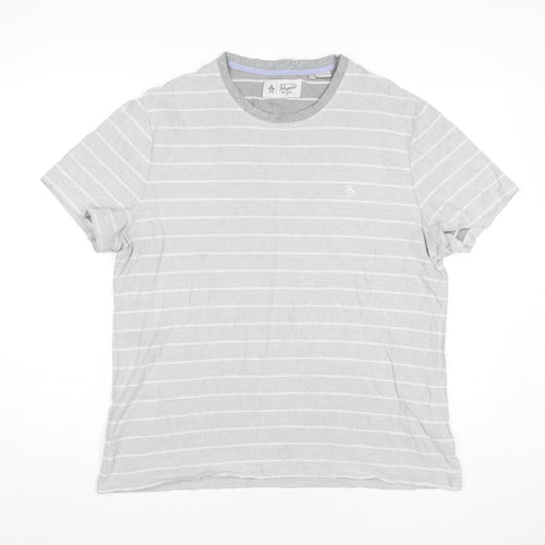 Penguin Mens XL Grey Striped Cotton Crew Neck T-Shirt