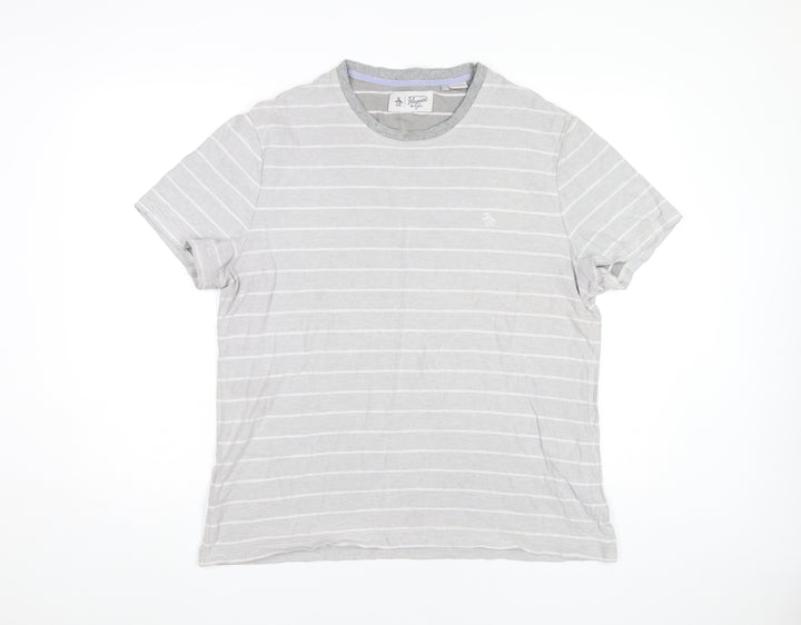 Penguin Mens XL Grey Striped Cotton Crew Neck T-Shirt