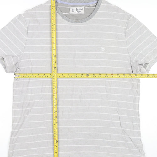 Penguin Mens XL Grey Striped Cotton Crew Neck T-Shirt