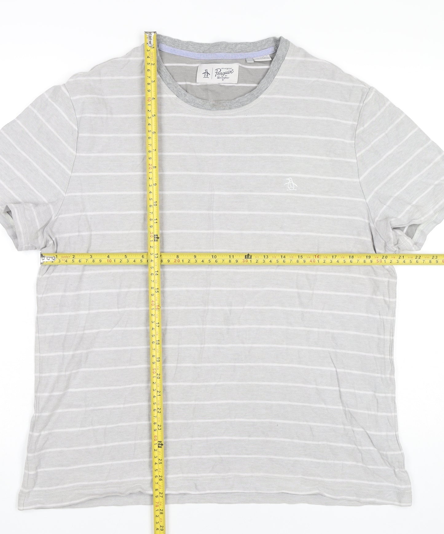 Penguin Mens XL Grey Striped Cotton Crew Neck T-Shirt