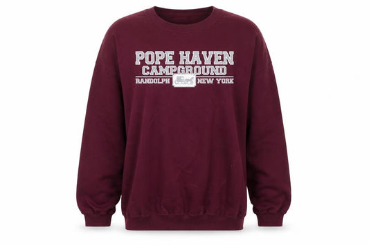 Front view of men’s xl burgundy purple pullover sweatshirt pope haven campground logo