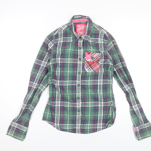 Superdry Womens Green Plaid Cotton Button-Up Shirt 2XS Slim Fit
