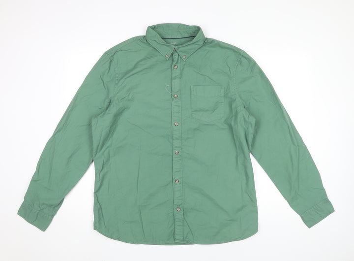 Marks and Spencer Men's Green Long Sleeve Cotton Button-Up Shirt L 41"-43"