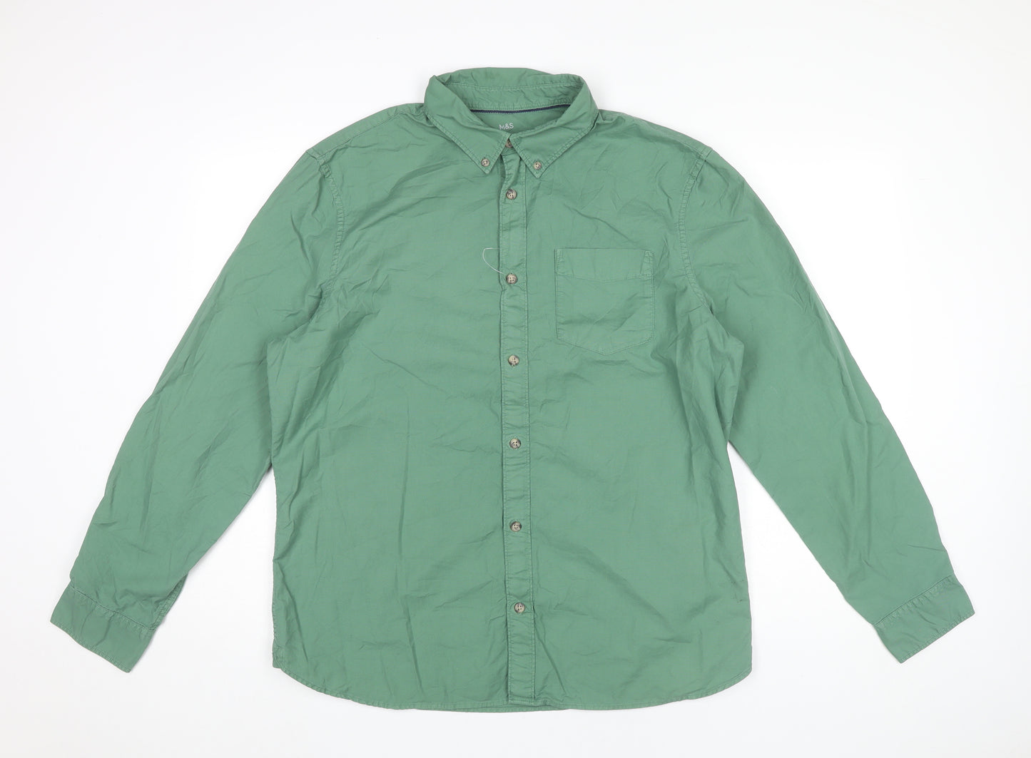 Marks and Spencer Men's Green Long Sleeve Cotton Button-Up Shirt L 41"-43"