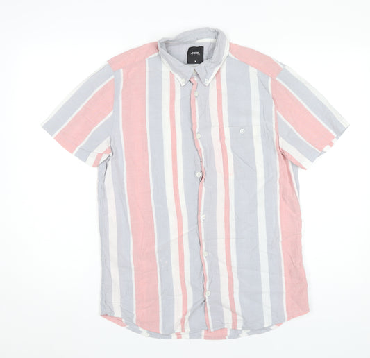 Front view of Burton Menswear London Men’s Multicoloured Striped Short Sleeve Button-Up Shirt M