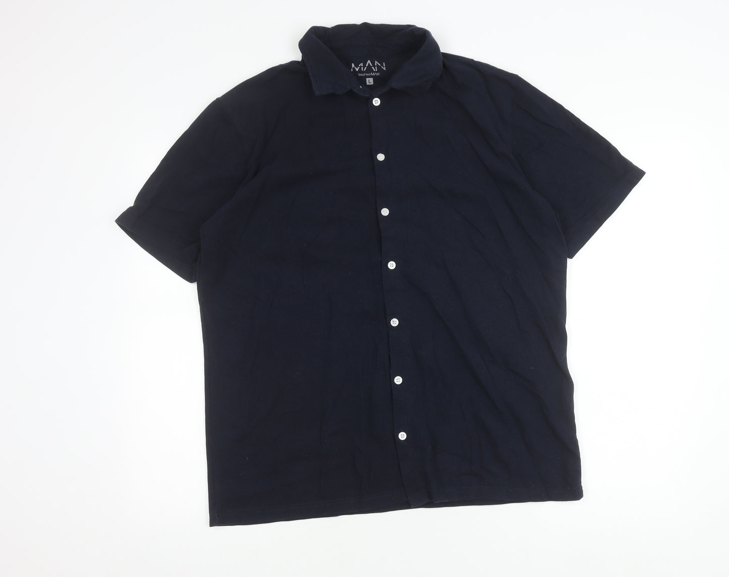 boohooMAN Men's Blue L Short Sleeve Button-Up Cotton Shirt