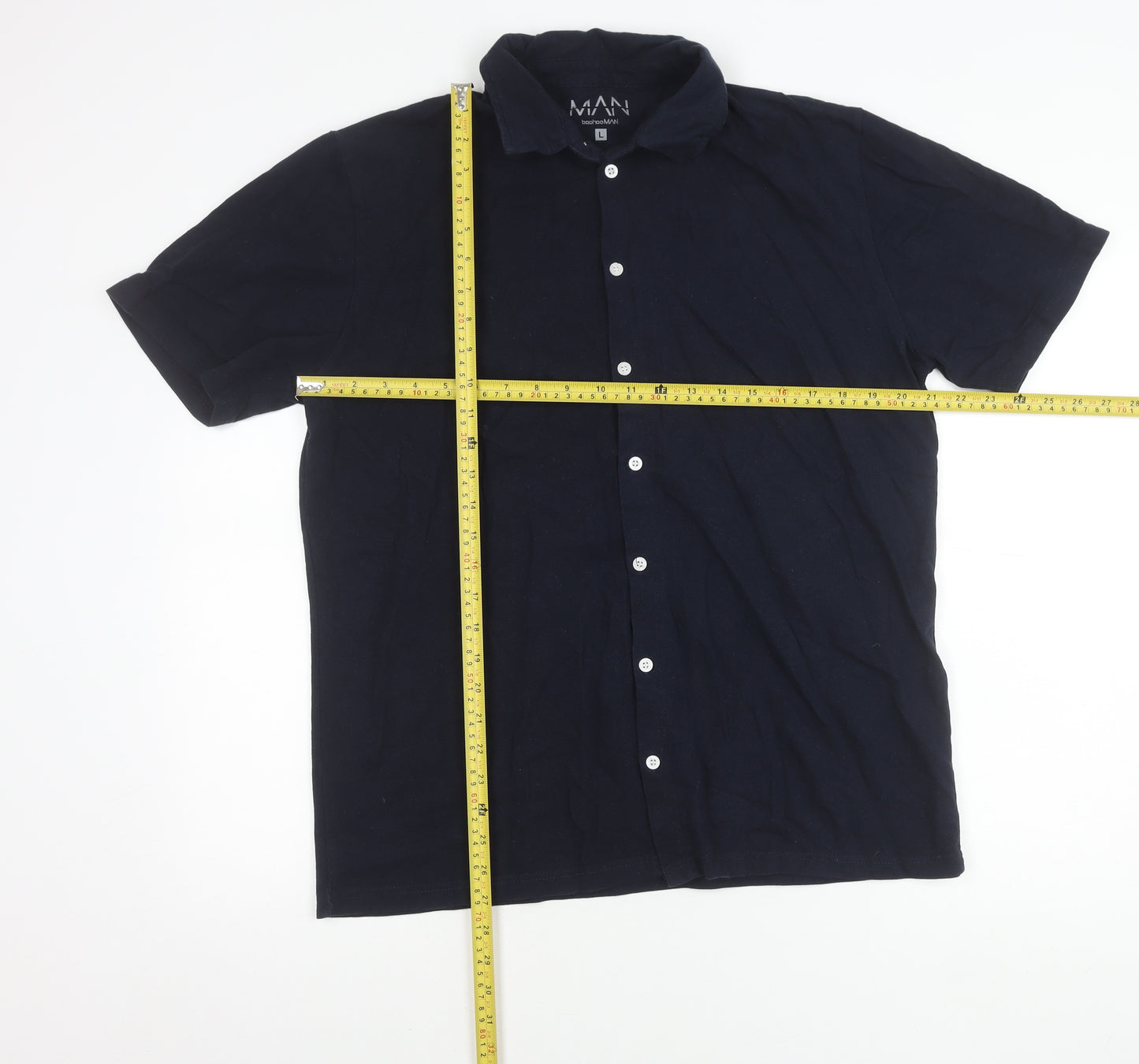 boohooMAN Men's Blue L Short Sleeve Button-Up Cotton Shirt