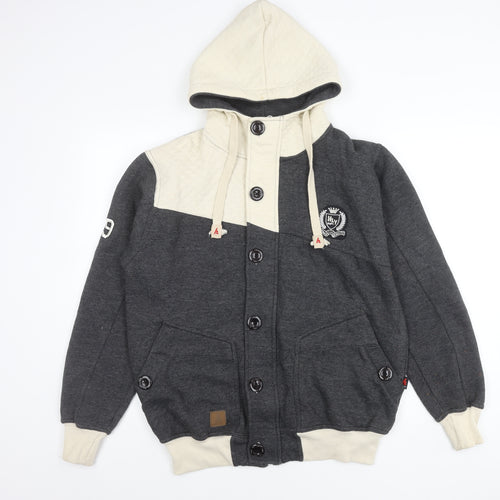 HLYEQPT. Men’s Grey White Varsity Hooded Jacket Size L Cotton Blend