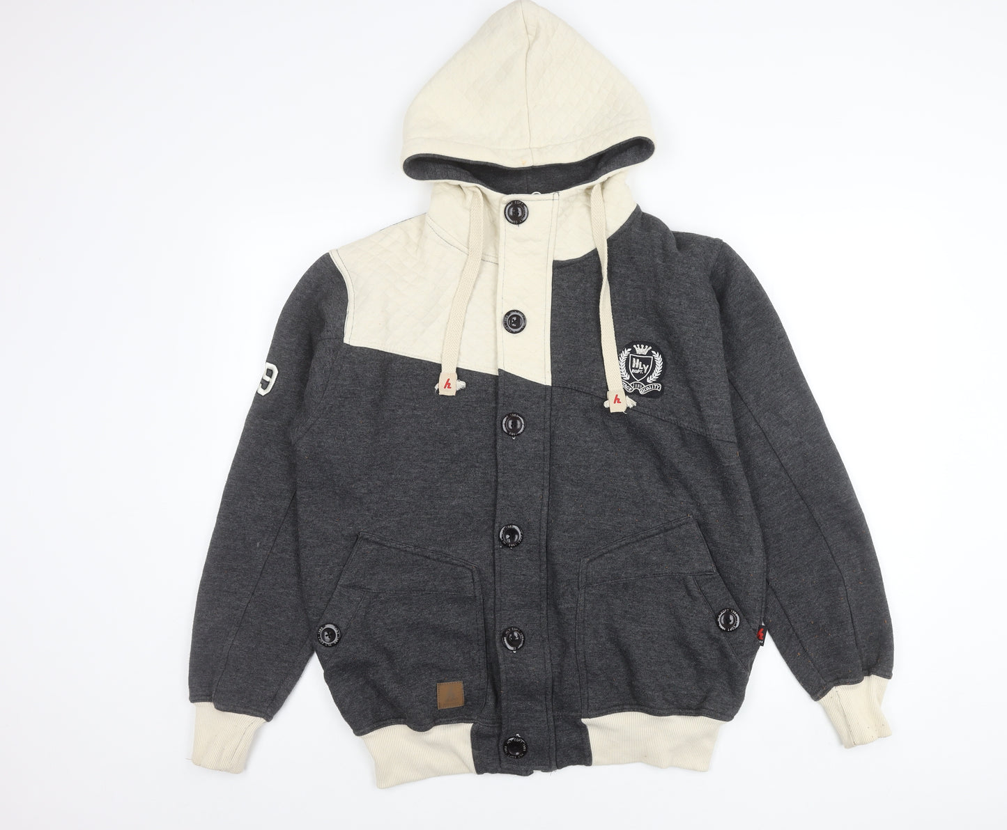 HLYEQPT. Men’s Grey White Varsity Hooded Jacket Size L Cotton Blend