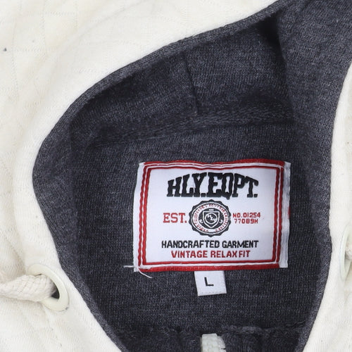 HLYEQPT. Men’s Grey White Varsity Hooded Jacket Size L Cotton Blend