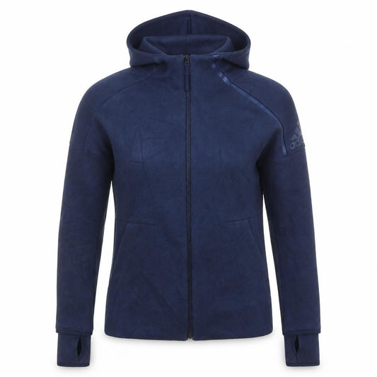 Front view of Adidas women’s blue xs full zip hooded fleece activewear jacket