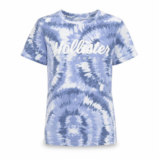 Front view of Hollister unisex kids blue tie-dye logo t-shirt xs short sleeve cotton blend