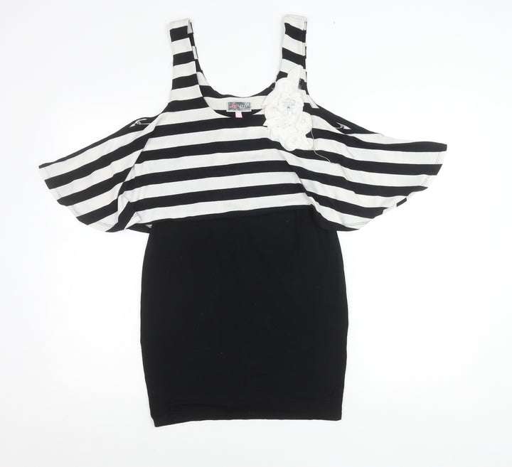Lipsy Women’s Black White Stripe Cold Shoulder Bodycon Dress Size 10