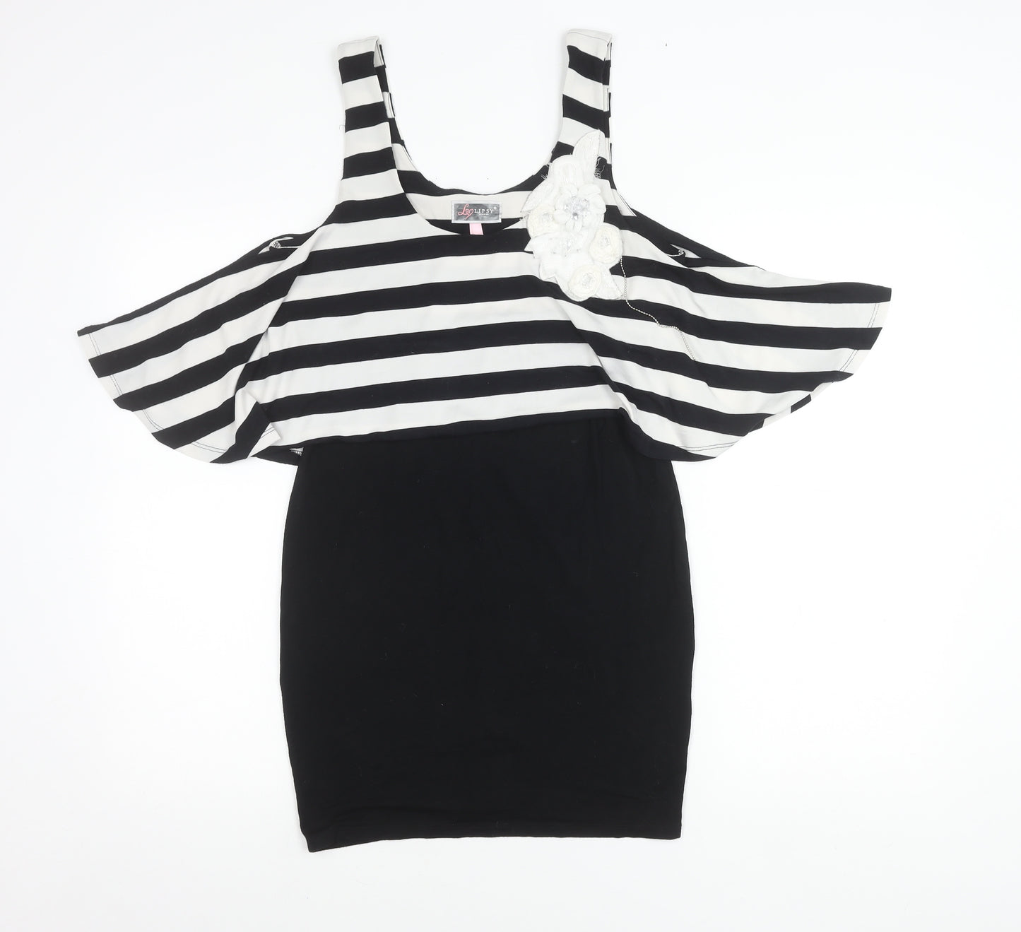 Lipsy Women’s Black White Stripe Cold Shoulder Bodycon Dress Size 10