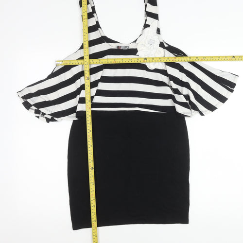 Lipsy Women’s Black White Stripe Cold Shoulder Bodycon Dress Size 10