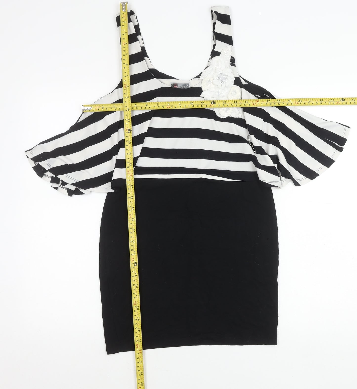 Lipsy Women’s Black White Stripe Cold Shoulder Bodycon Dress Size 10