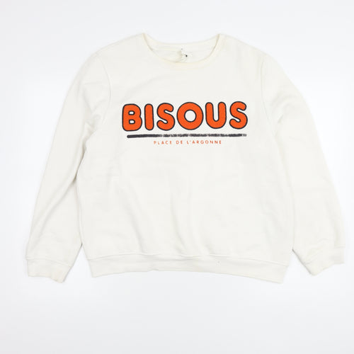 H&M Women’s White Pullover Sweatshirt L Graphic Print Cotton Blend