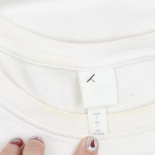 H&M Women’s White Pullover Sweatshirt L Graphic Print Cotton Blend