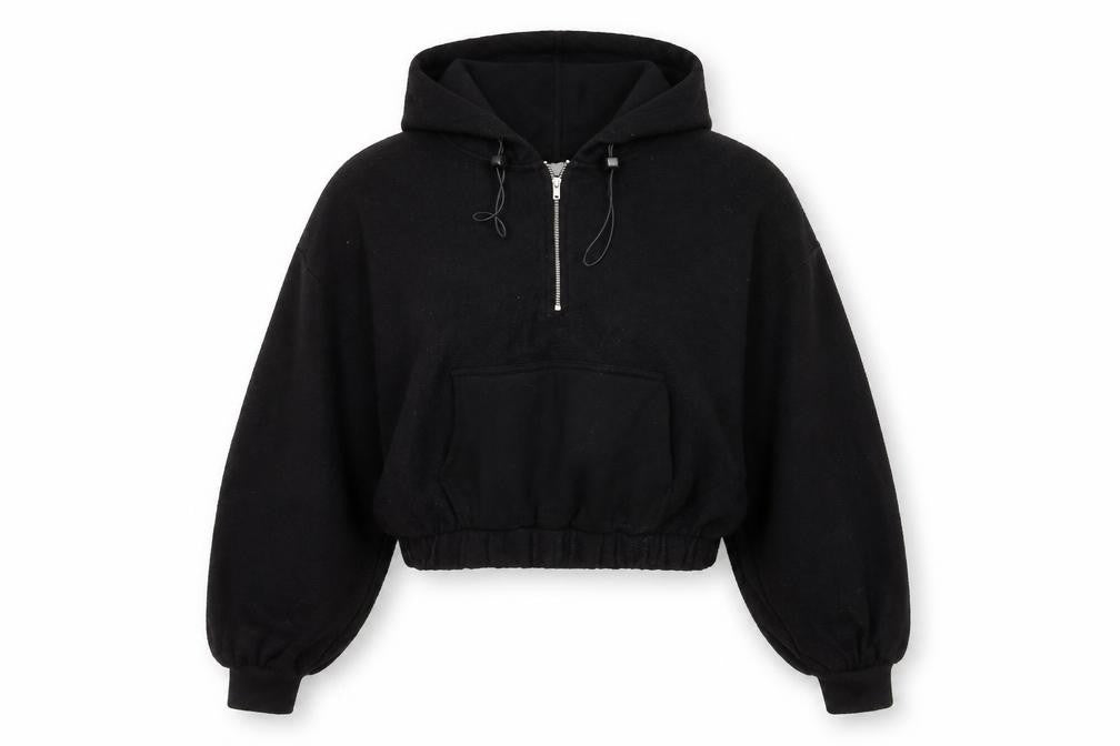 Front view of Topshop Women’s Black Hoodie Medium Pullover 1/2 Zip Long Sleeve