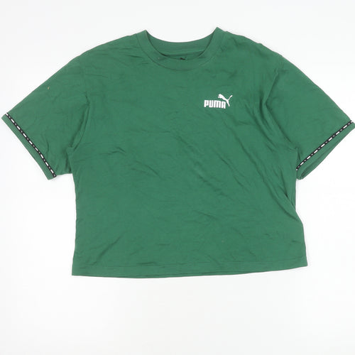 Puma Womens Green Cropped T-Shirt Size S Crew Neck Logo Casual Top