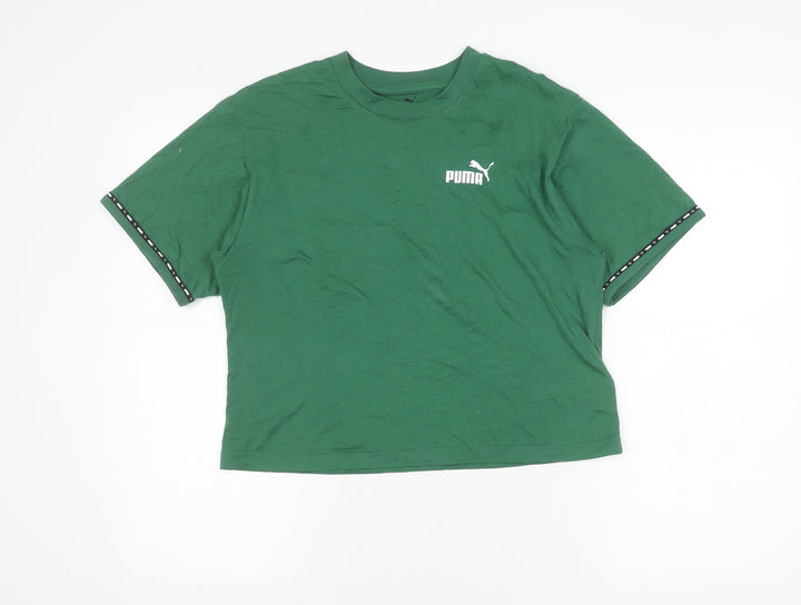 Puma Womens Green Cropped T-Shirt Size S Crew Neck Logo Casual Top
