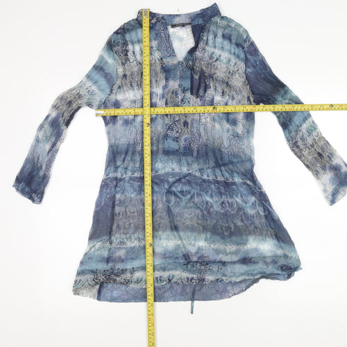 Passport Womens Blue Sheer Tunic Blouse Size 8 Long Sleeve V-Neck