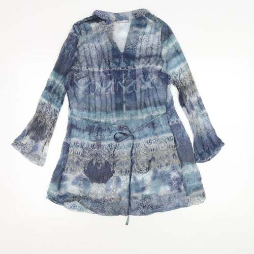 Passport Womens Blue Sheer Tunic Blouse Size 8 Long Sleeve V-Neck