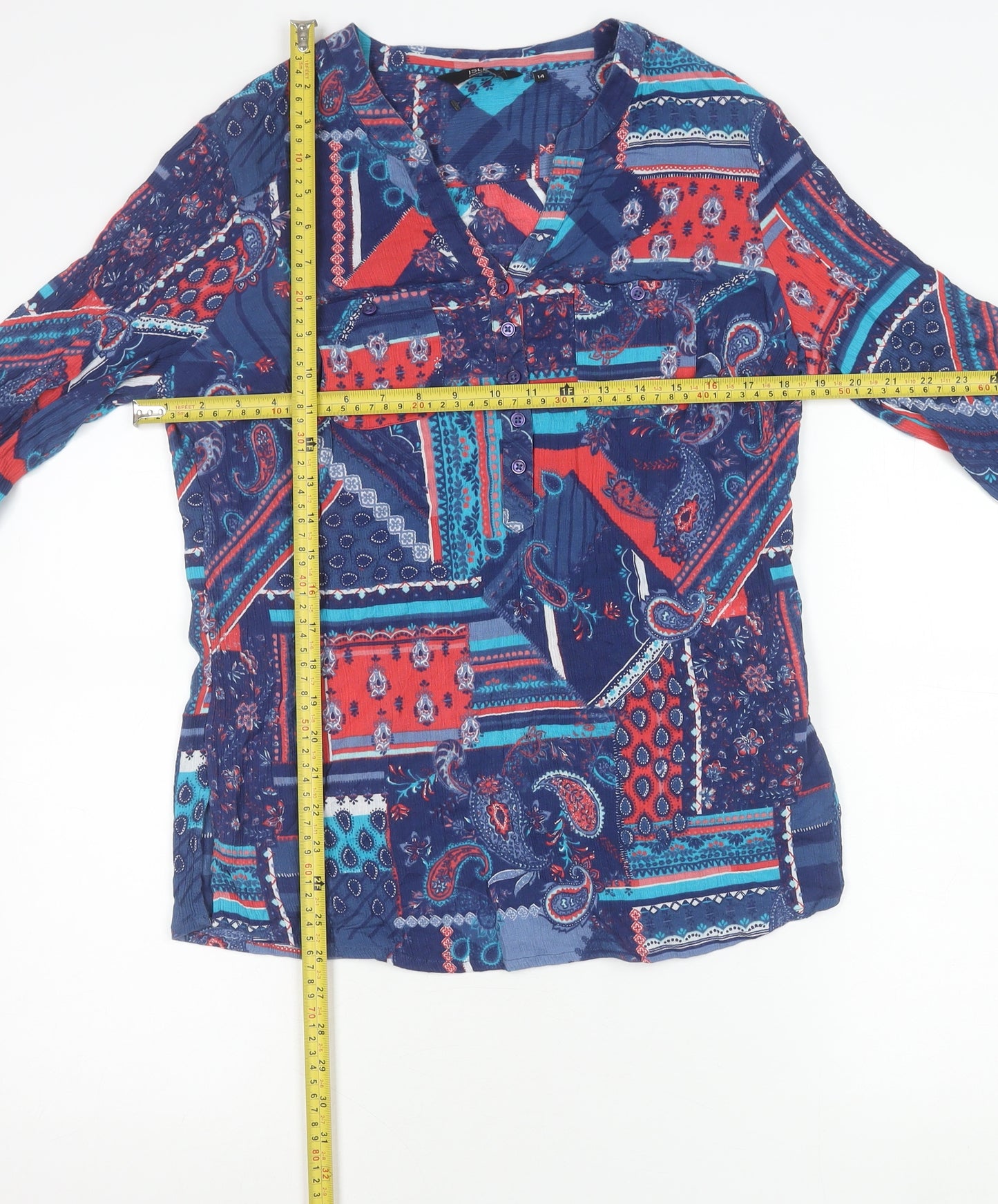 Isle Collection Womens Multicoloured Cotton Paisley Tunic Blouse 3/4 Sleeve Size 14