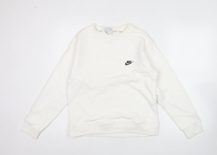 Nike Women White Small Crew Neck Sweatshirt Logo Long Sleeve
