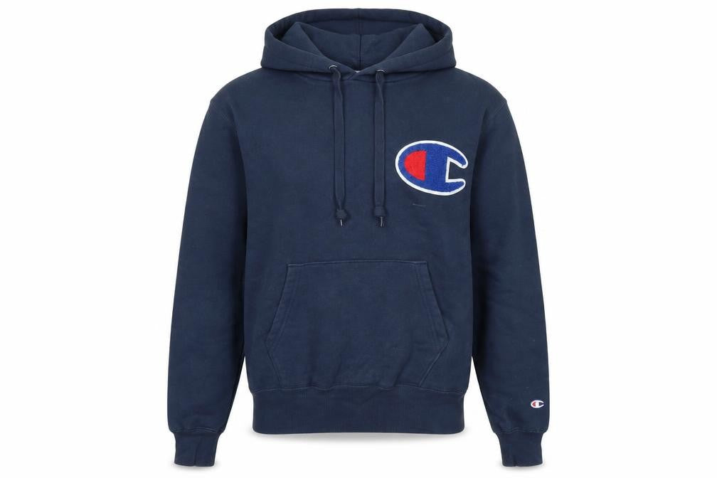 Front view of Champion Men's Blue Pullover Hoodie Medium Logo Sportswear