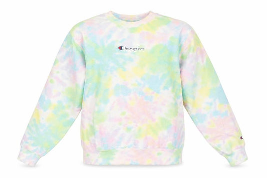 Front view of Champion women’s multicoloured medium tie dye crew neck sweatshirt