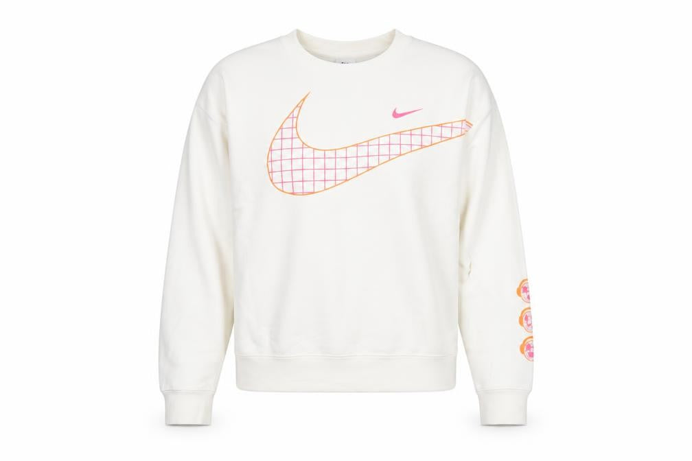 Front view of Nike Women’s White Graphic Logo Sweatshirt, size L, Cotton Blend