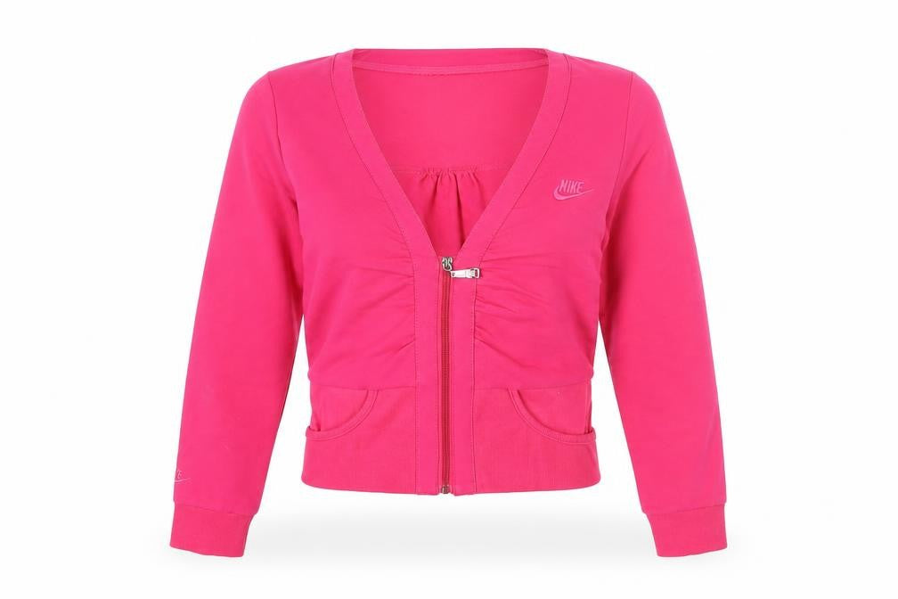 Front view of Nike women’s pink xl cropped full zip cotton activewear jacket
