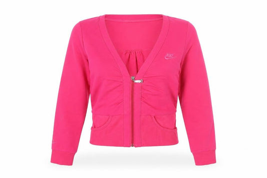 Front view of Nike women’s pink xl cropped full zip cotton activewear jacket