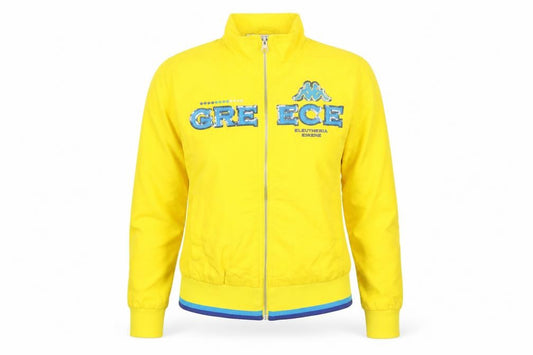 Front view of Kappa women’s yellow track jacket, size UK 8, full zip sportswear