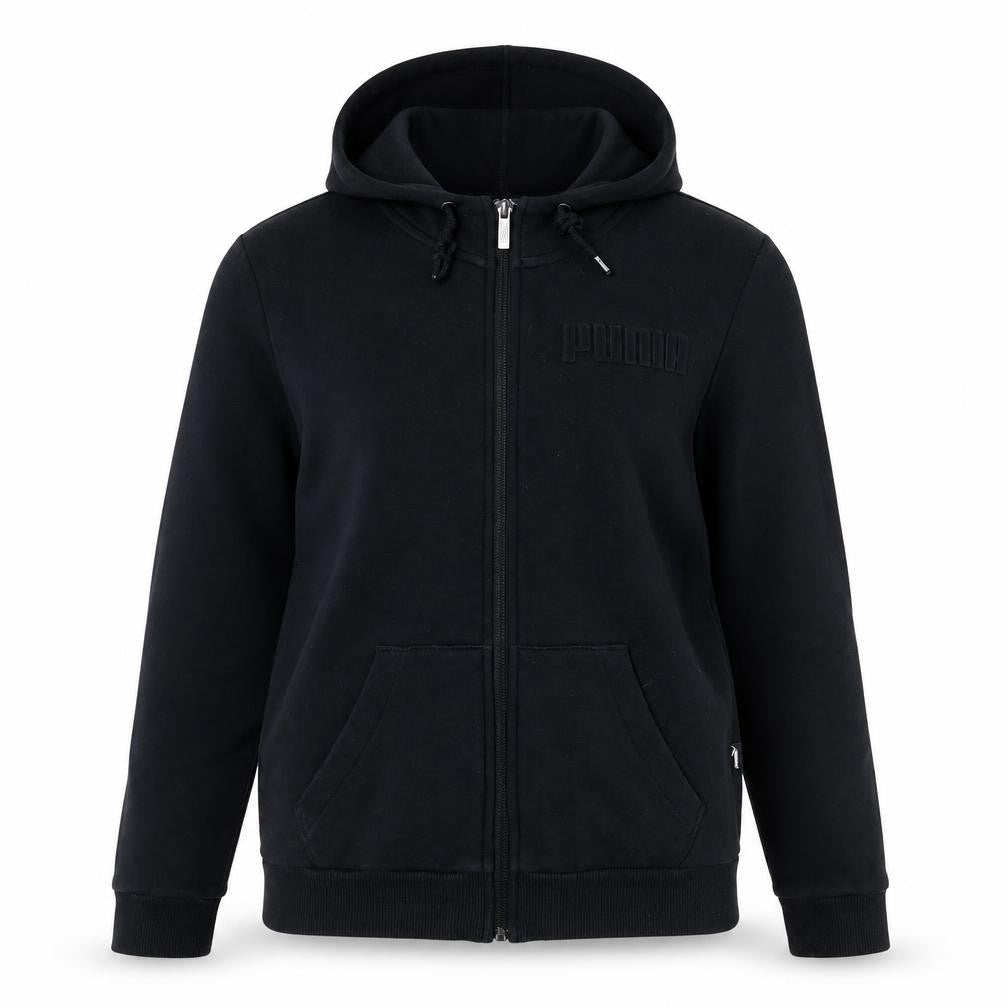Front view of Puma women’s black full zip hoodie sweatshirt, size S